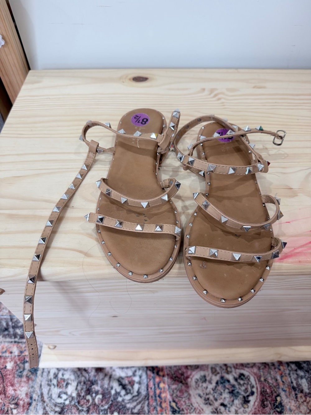 Tan Pyramid Stud Strappy Flat Sandals